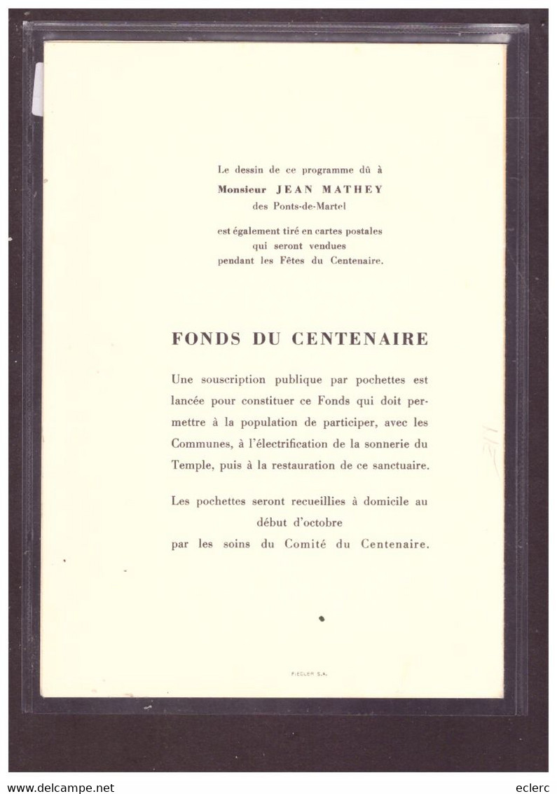 FORMAT 10x15 - CARTE DOUBLE - LES PONTS DE MARTEL - FETES DU CENTENAIRE DE LA CONSTRUCTION DU TEMPLE - TB - Ponts-de-Martel