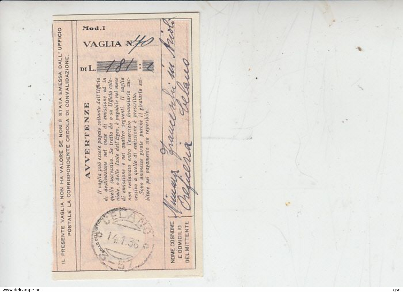 ITALIA  1936 - Ricevuta Vaglia Postale -.- - Vaglia Postale