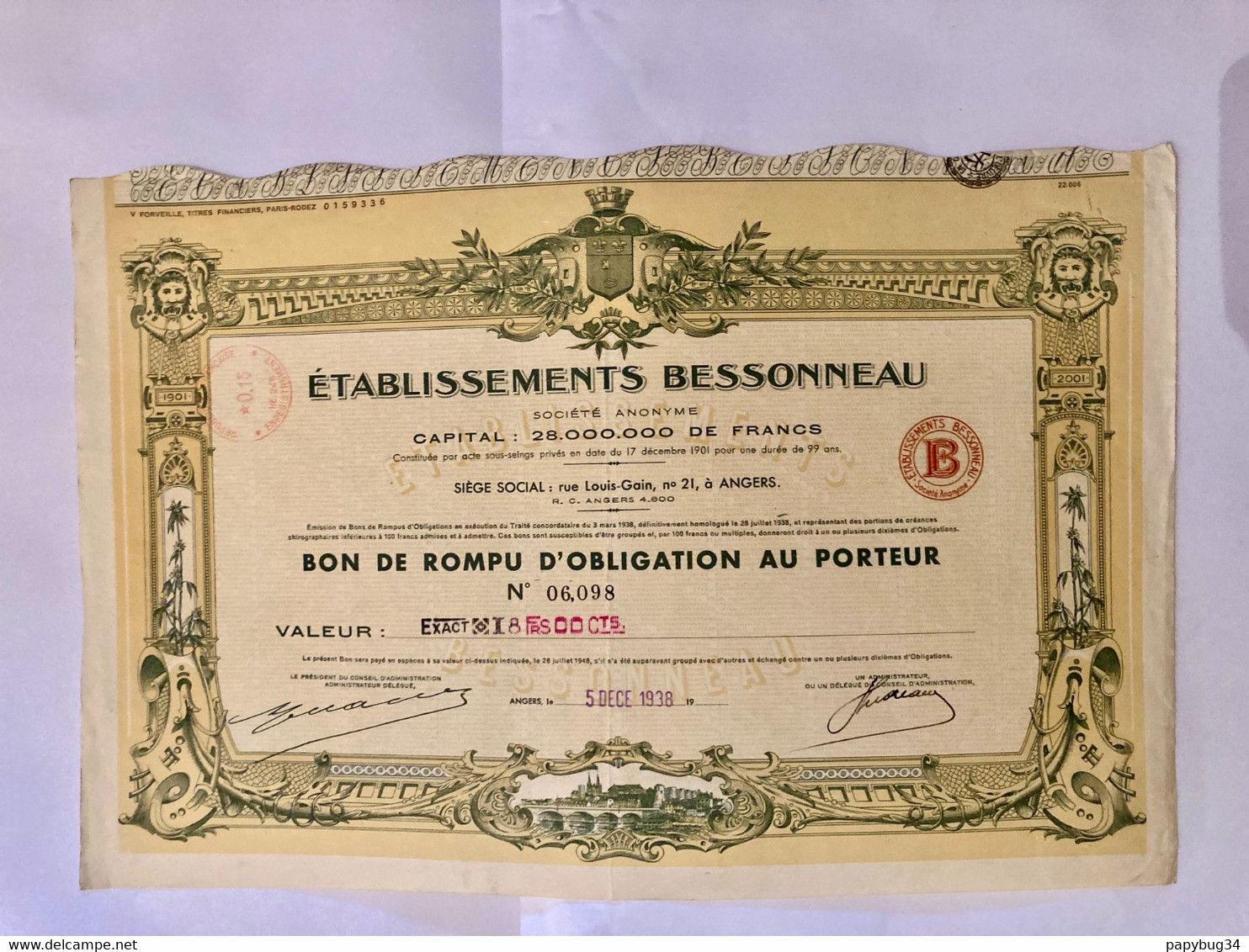 S.A.  ÉTABLISSEMENTS   BESSONNEAU   --------   Bon  De  Rompu  D' Obligation - Schiffahrt