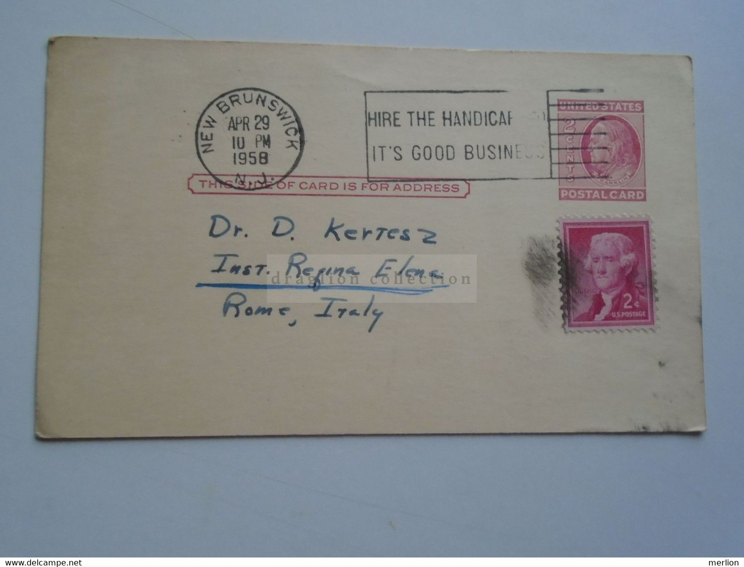 D179023 US Uprated Postal Stationery - Cancel 1958 New Brunswick W.W. Wainio -   To Dr. Denis Kertész   Italy - 1941-60