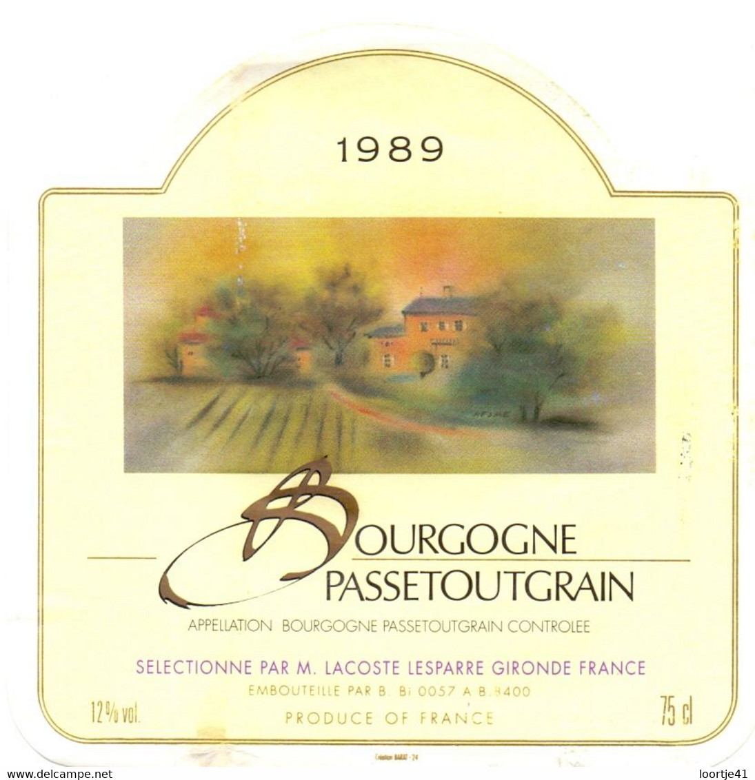 Etiket Etiquette - Vin Wijn - Bourgogne - Passetoutgrain - 1989 - Bourgogne