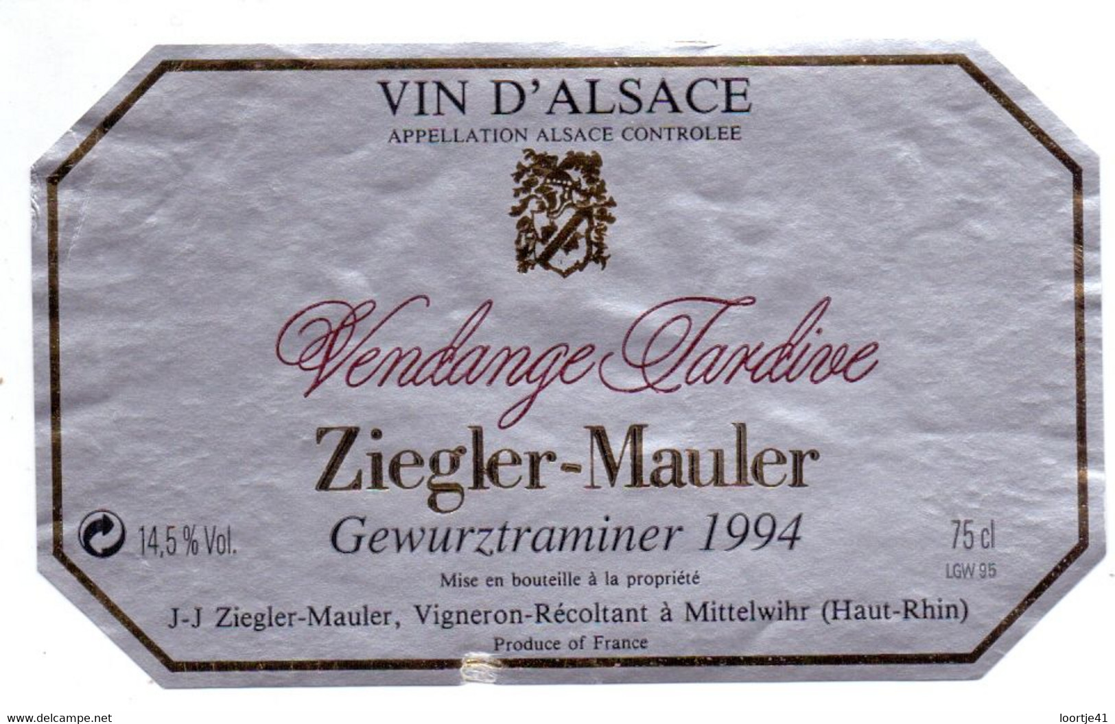 Etiket Etiquette - Vin Wijn - D' Alsace - Gewurztraminer Ziegler - Mauler - 1994 - Gewurztraminer