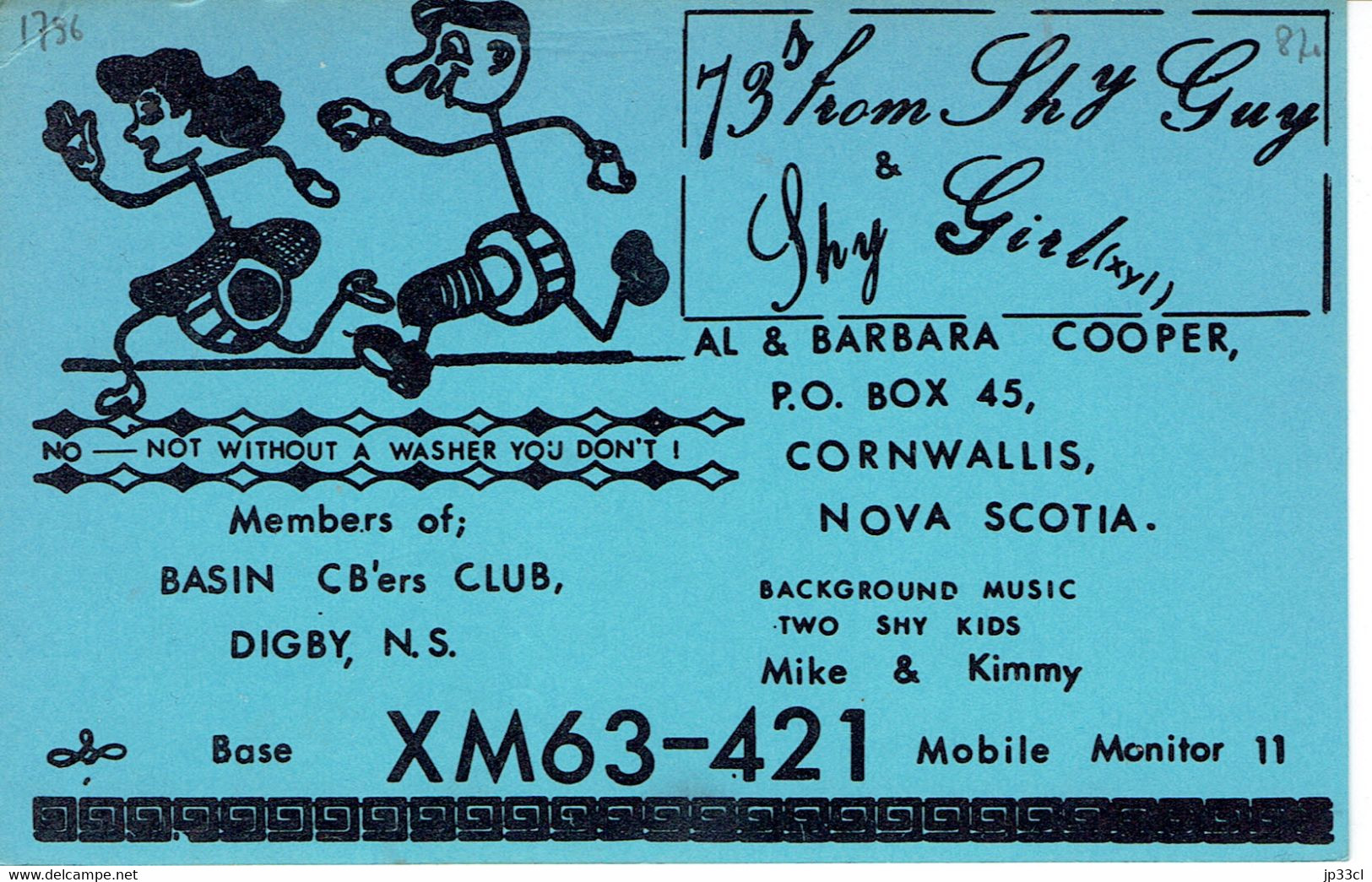 Not Without A Washer You Don't On QSL From Al & Barbara Cooper (Shy Guy & Girl), Cornwallis, NS, Canada (Aug 1968) - CB