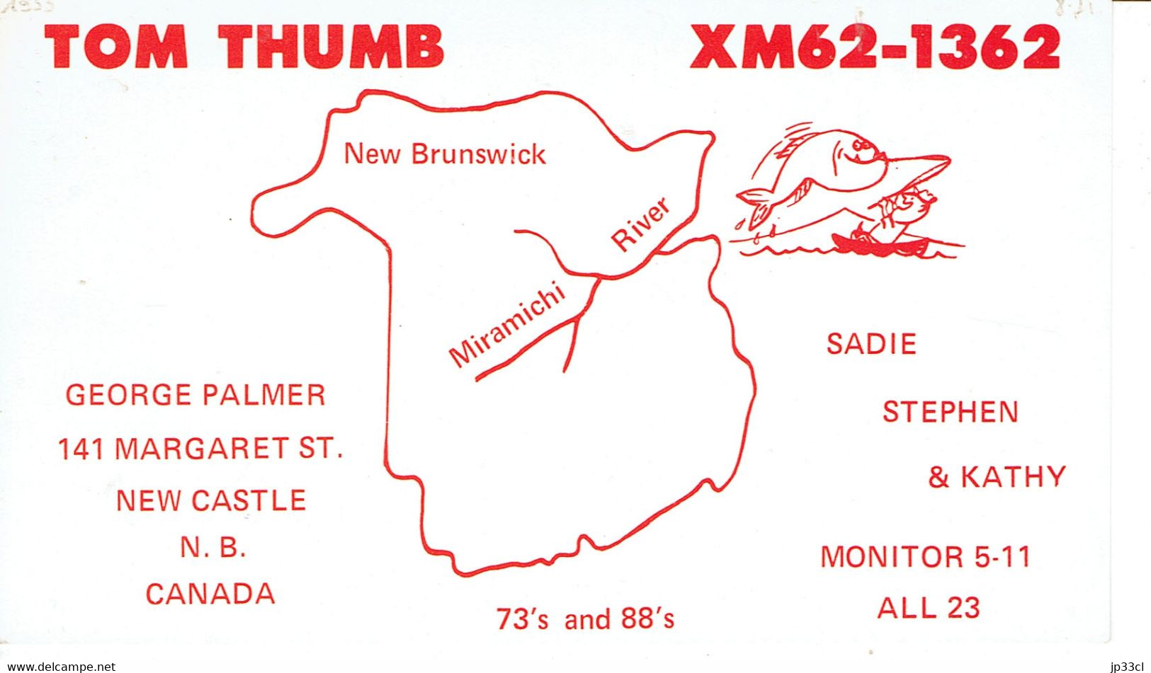 Fisher On Old QSL From George Palmer, "Tom Thumb", Margaret St., New Castle, New Brunswick, Canada (Aug 1971) - CB-Funk