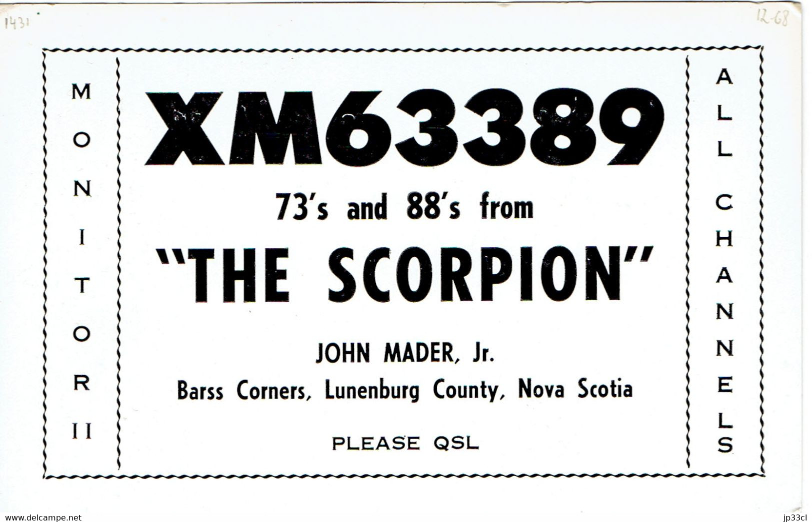 Old QSL From John Mader Jr., "The Scorpion", Barss Corners, Lunenburg County, Nova Scotia, Canada (Dec 1968) - CB-Funk
