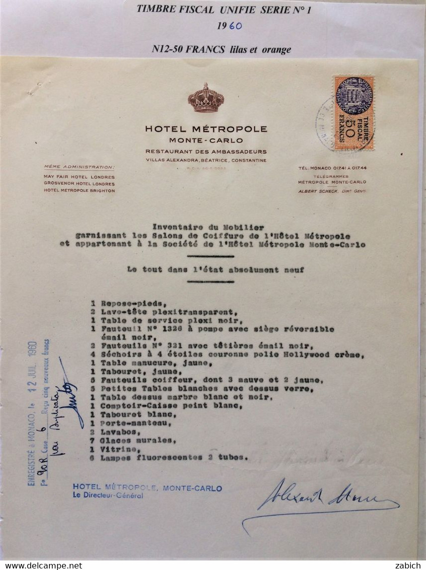 FISCAUX DE MONACO SERIE UNIFIEE  N°12 50 C Orange Sur Document HOTEL METROPOLE Du 12 Juillet 1960 - Fiscaux