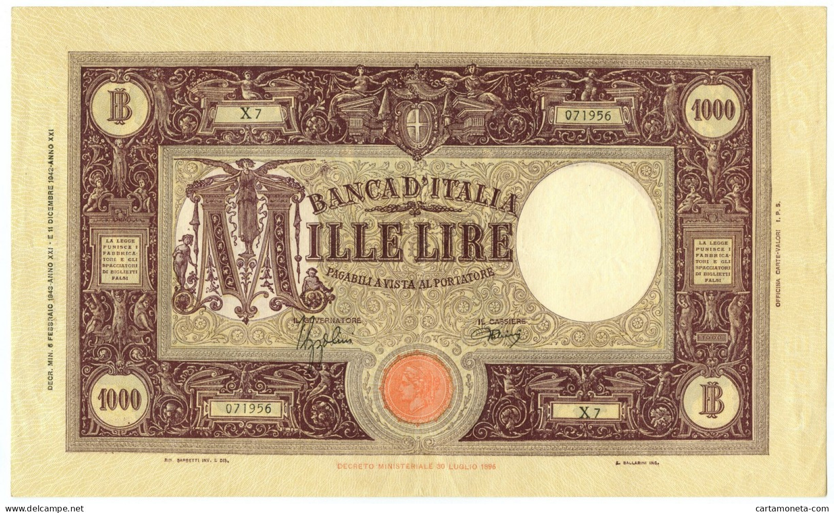 1000 LIRE BARBETTI GRANDE M TESTINA FASCIO II TIPO 06/02/1943 SPL - Regno D'Italia - Altri