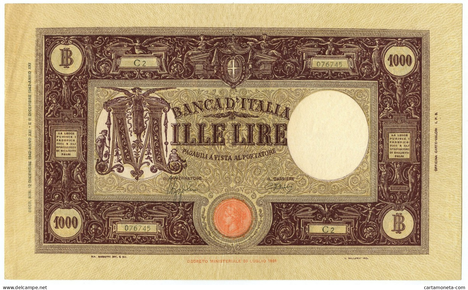 1000 LIRE BARBETTI GRANDE M TESTINA FASCIO II TIPO 12/12/1942 SPL - Regno D'Italia – Other