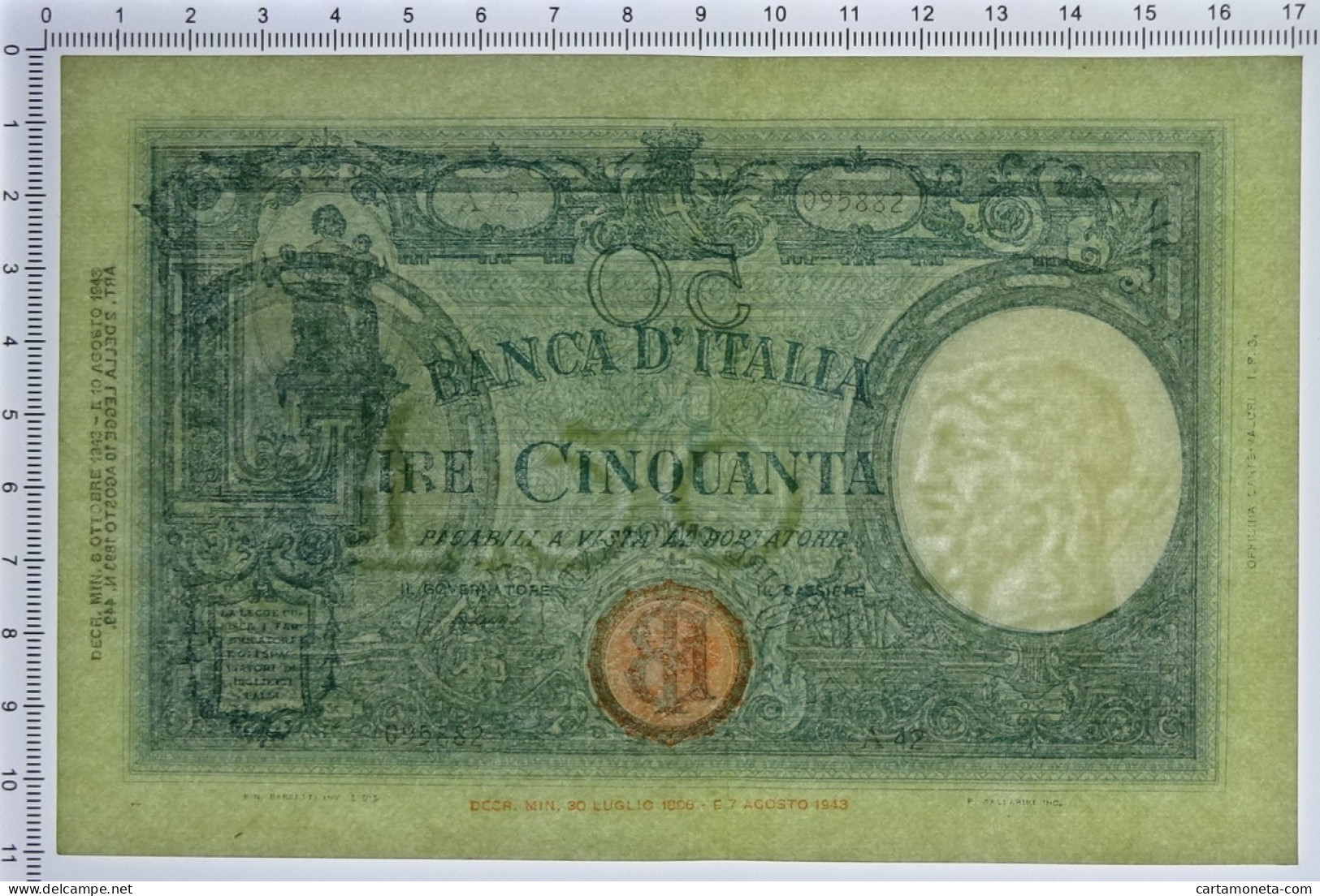 50 LIRE BARBETTI GRANDE L SENZA MATRICE BI RSI 08/10/1943 SUP- - Regno D'Italia – Autres