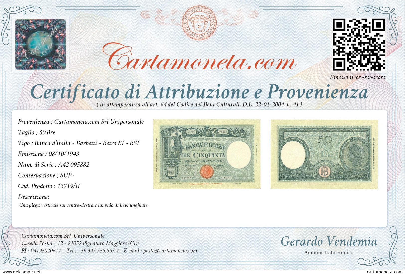 50 LIRE BARBETTI GRANDE L SENZA MATRICE BI RSI 08/10/1943 SUP- - Andere