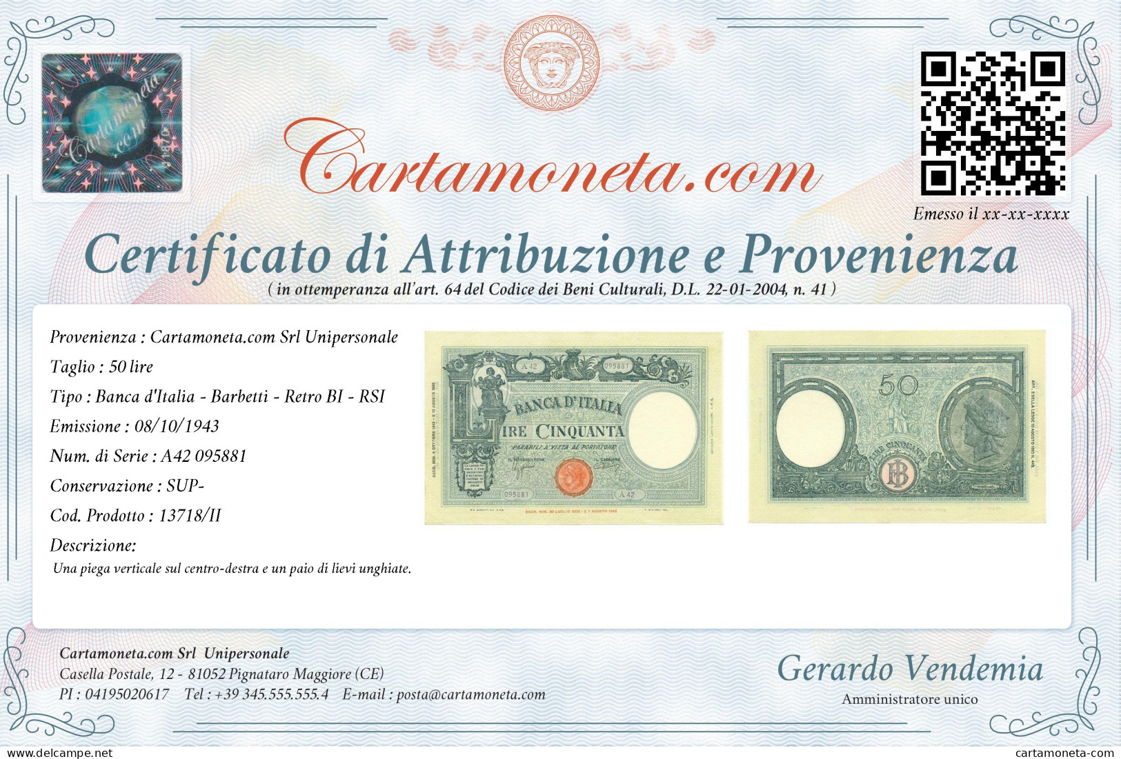 50 LIRE BARBETTI GRANDE L SENZA MATRICE BI RSI 08/10/1943 SUP- - Regno D'Italia – Autres