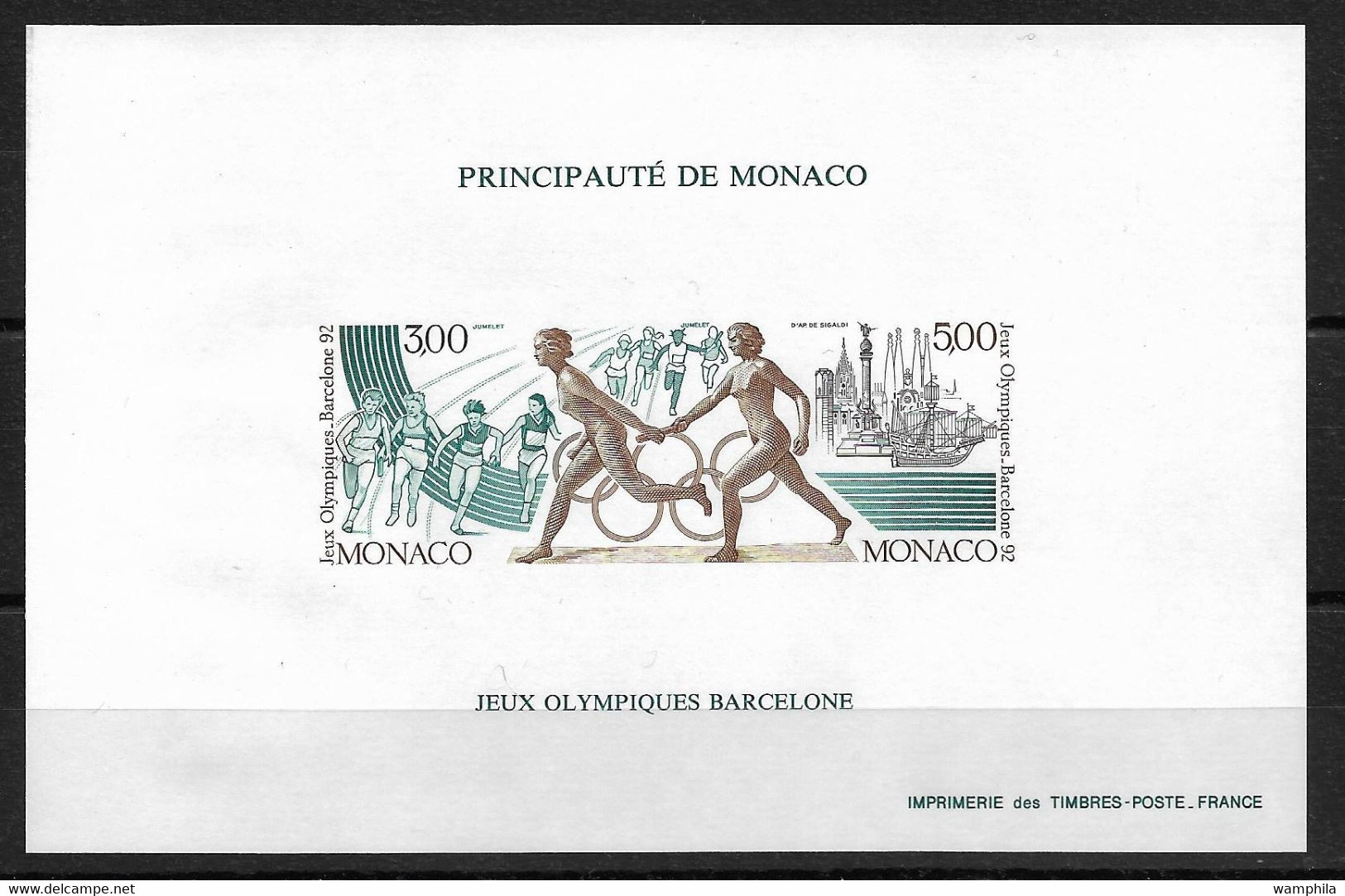 Monaco Bloc Spécial Gommé N°16a**non Dentelé, Timbre N°1771/1773 Jeux Olympiques De Barcelone Cote 250€. - Varietà