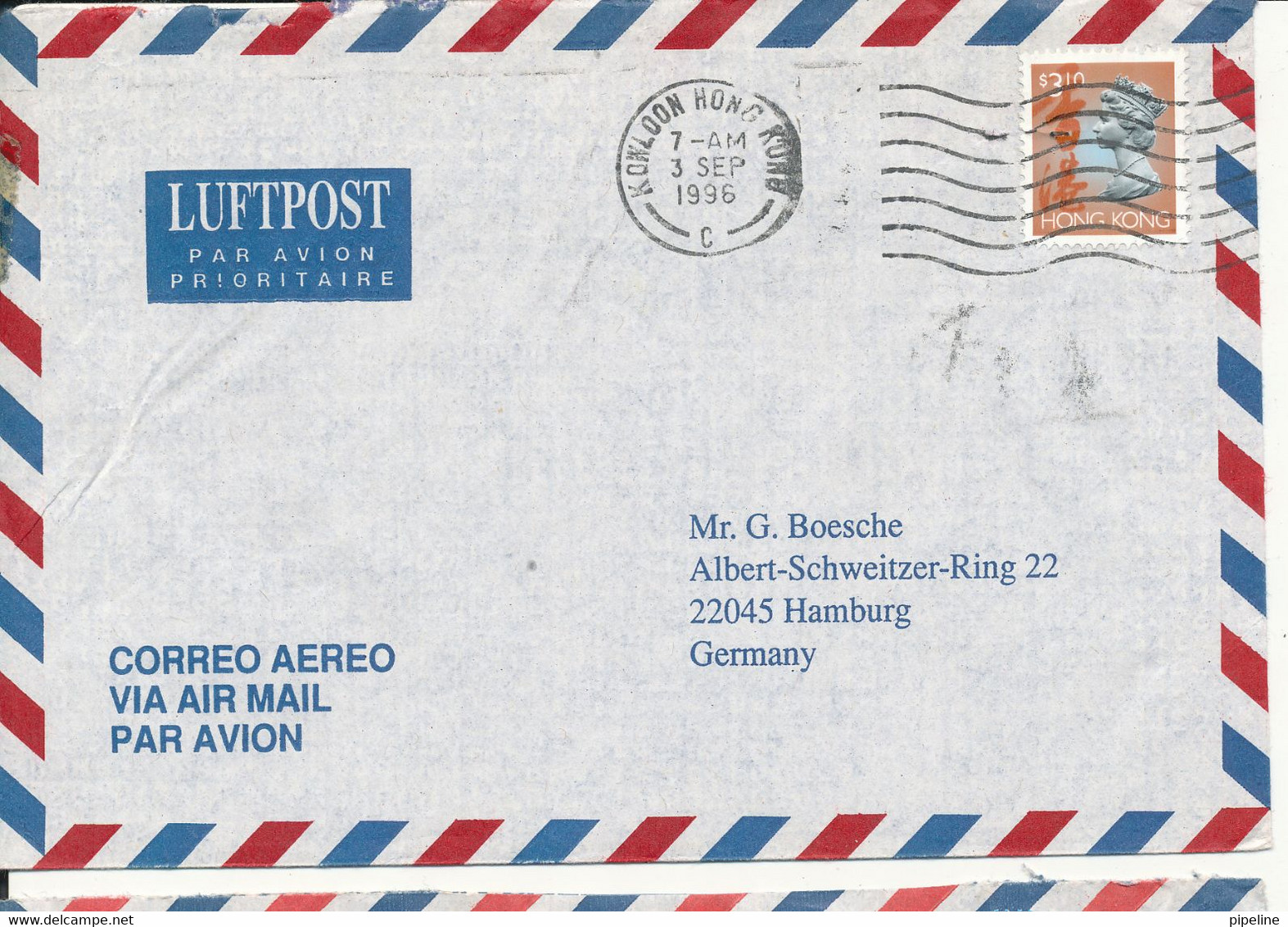 Hong Kong Air Mail Cover Sent To Germany 3-9-1996 Single Franked - Briefe U. Dokumente