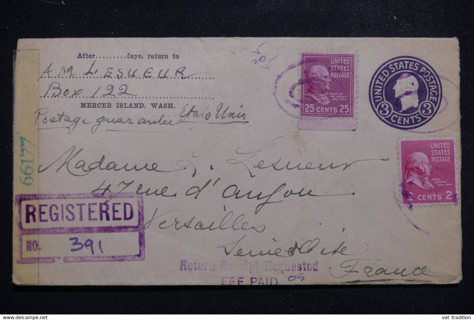ETATS UNIS - Entier Postal + Compléments En Recommandé De Mercer Island Pour La France En 1945 Avec Contrôle - L 97368 - 1941-60