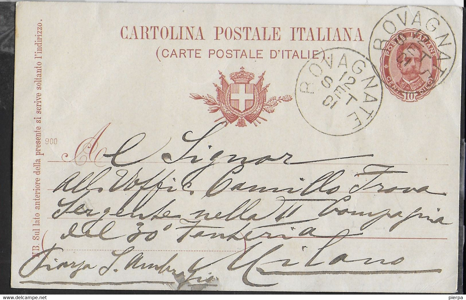 STORIA POSTALE REGNO - CARTOLINA POSTALE  UMBERTO (INT. 25/900) DA ROVAGNATE 12.SET.01 PER MILITARE A MILANO - Other & Unclassified