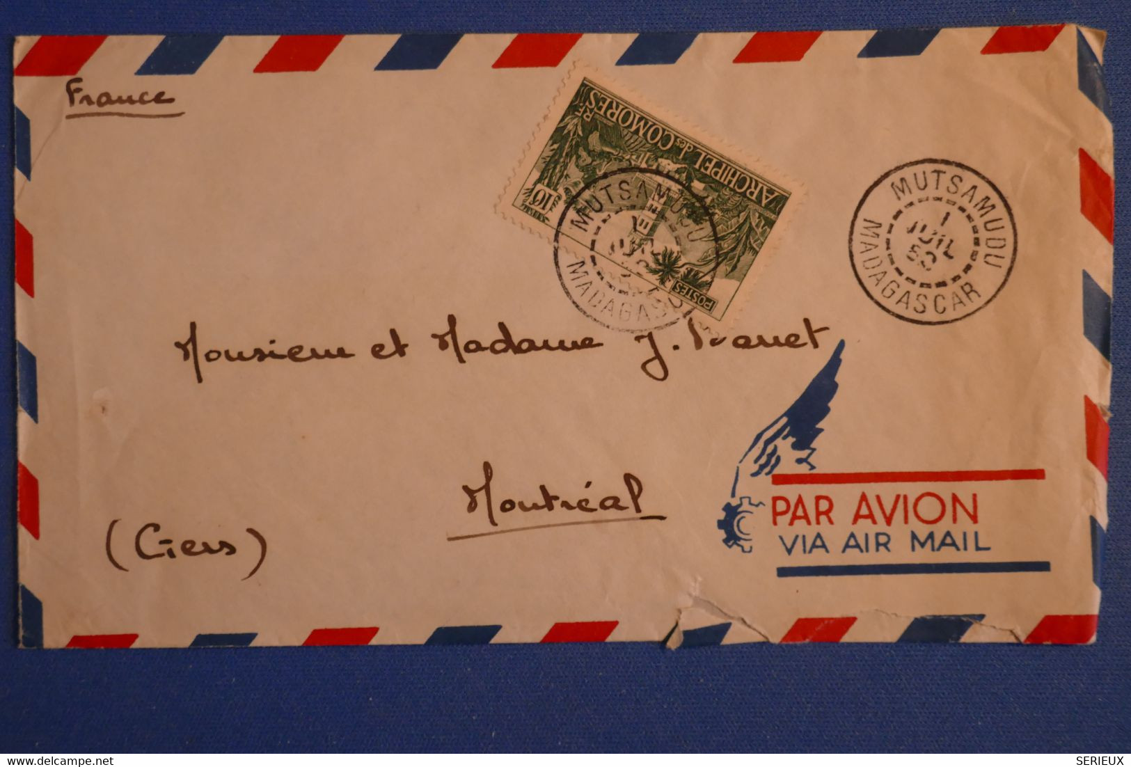 S1 COMORES BELLE LETTRE 1953 PAR AVION PETIT BUREAU MUTSAMUDU AUJOUAN POUR MONTREAL   + AFFRANCH PLAISANT - Briefe U. Dokumente