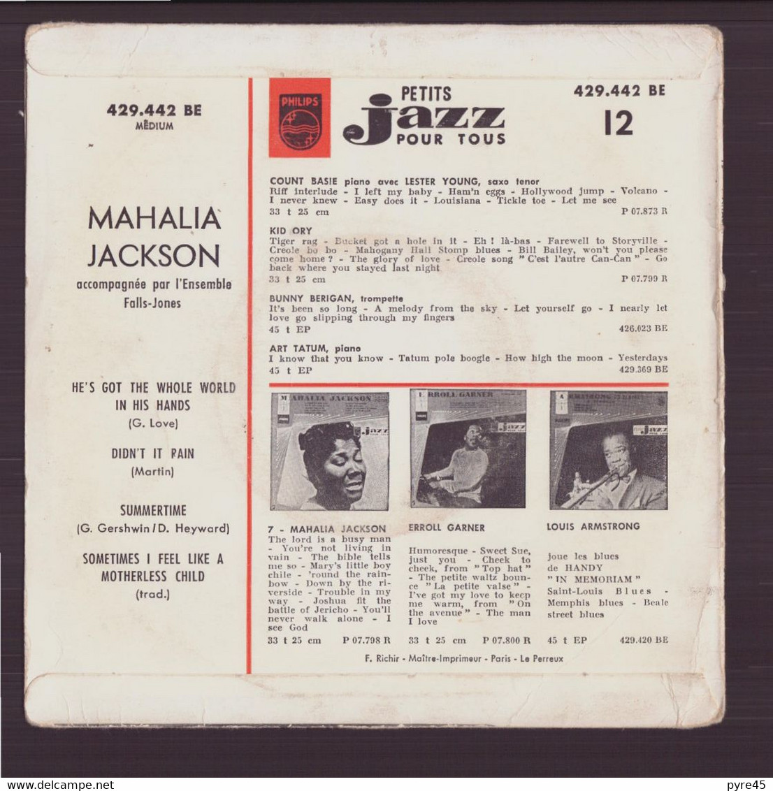 45 T Mahalia Jackson " He's Got The Whole World In His Hands + Didn't It Rain + 2 Titres " - Jazz