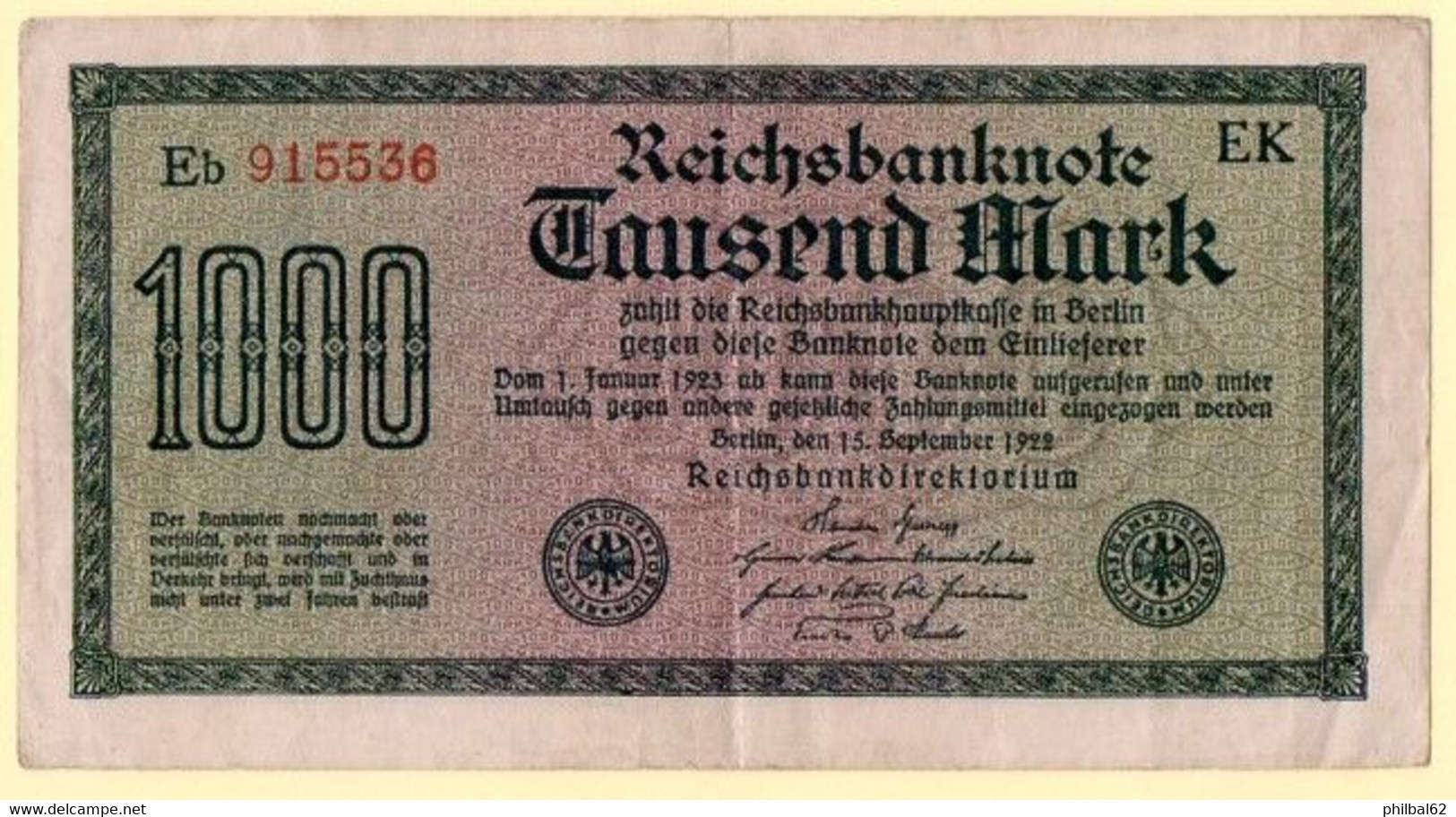 Billet 1000 Mark, Tausend Mark. - 1000 Reichsmark