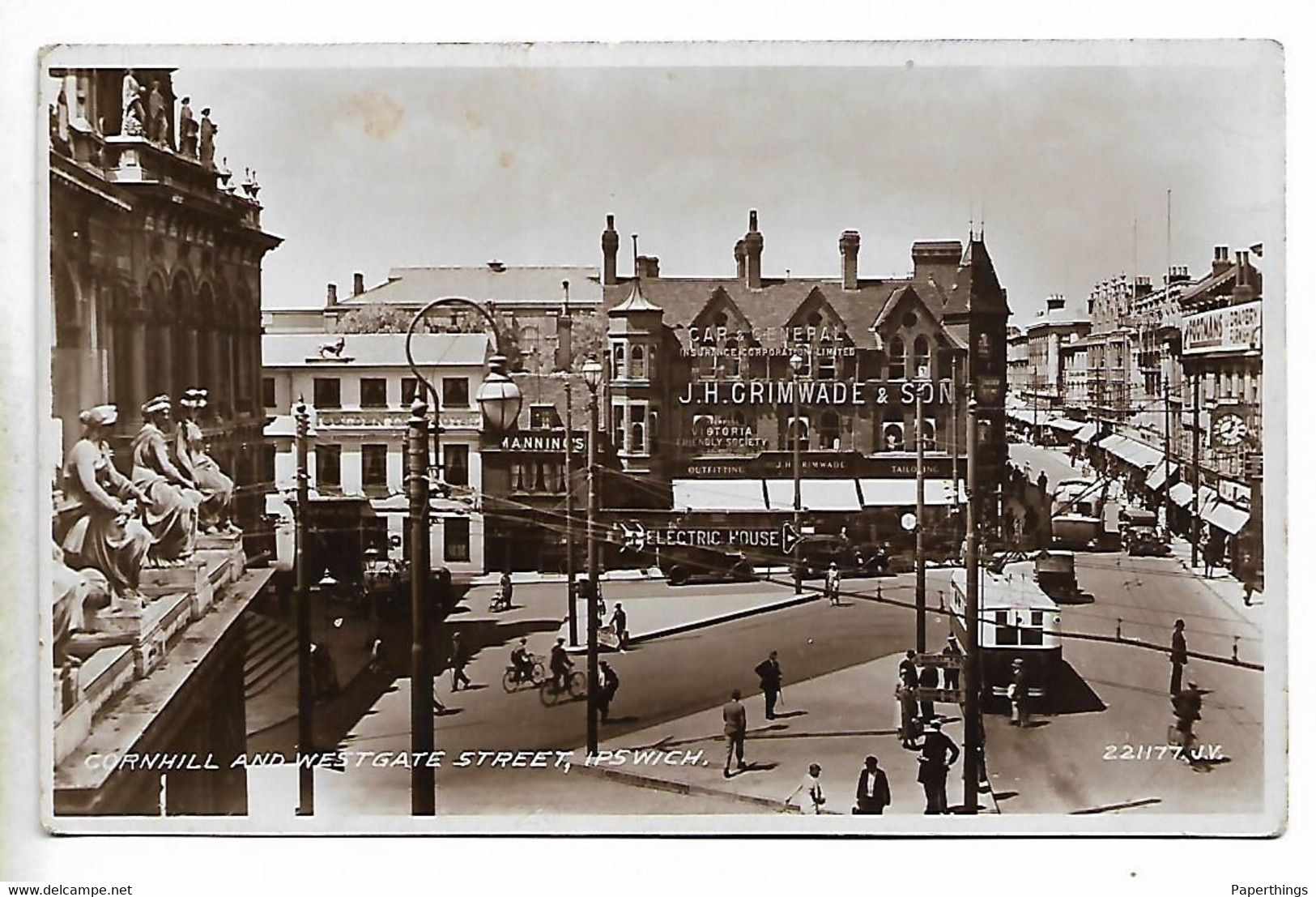 Real Photo Postcard, Ipswich, Cornhill And Westgate Street, Shops, Bus, People. - Ipswich