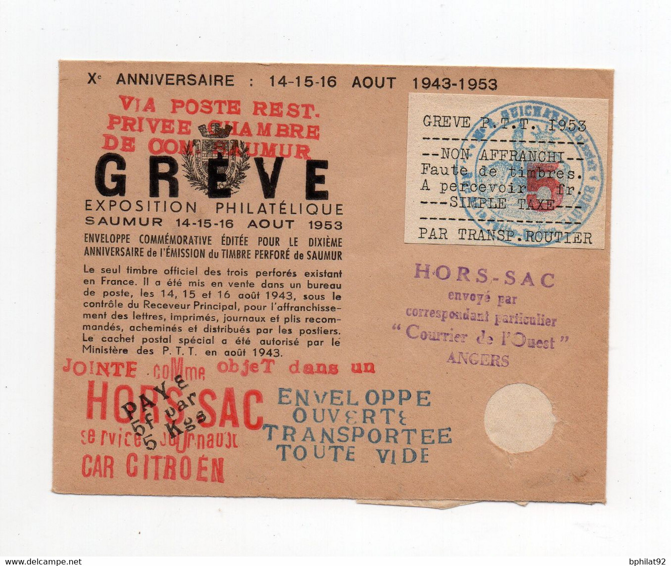 !!! GREVE DE SAUMUR DE 1953, LETTRE HORS SAC - Documents