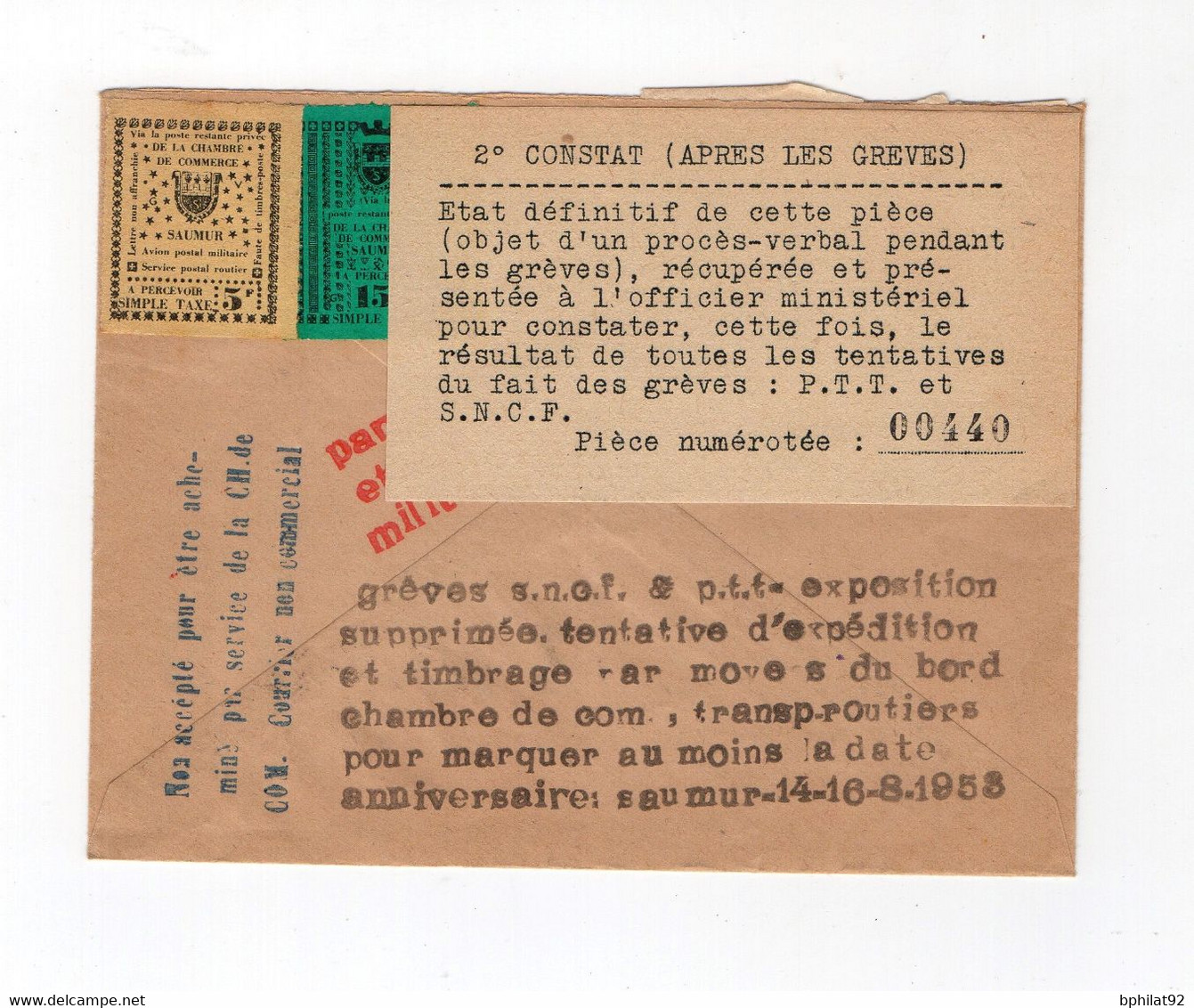 !!! GREVE DE SAUMUR DE 1953, LETTRE HORS SAC - Documents