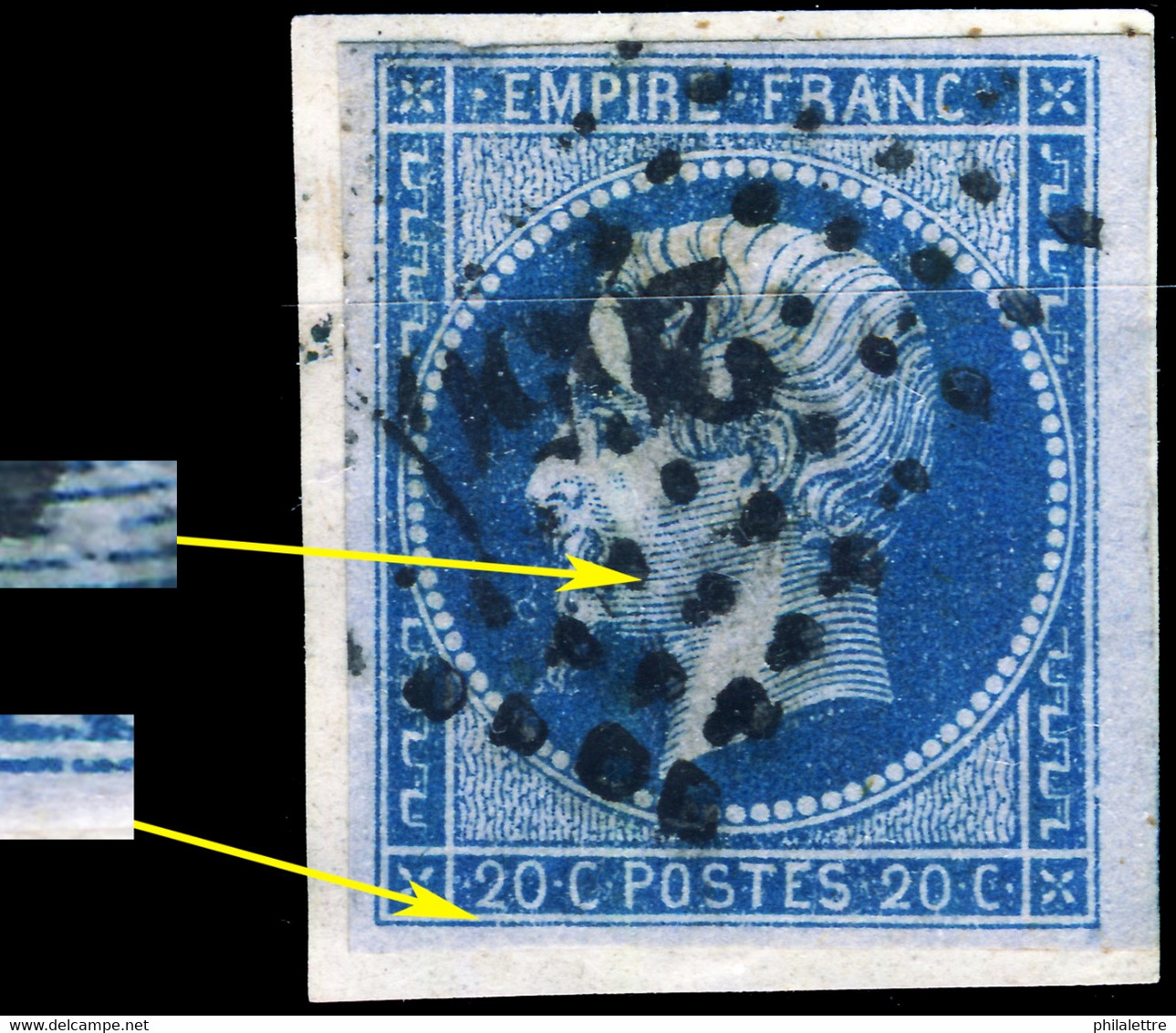 FRANCE - Yv.14c 20c Bleu Sur Azuré T.1 Planché Pos. 15D4 - Obl. TB Pc.2650 (Rennes) - 1853-1860 Napoleon III