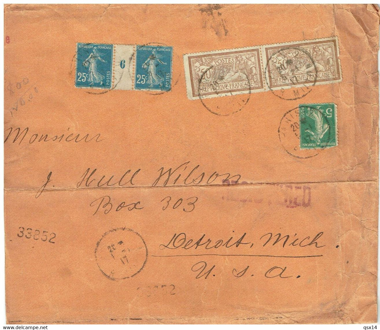 Millesime Semeuse 25c Bleu N°140 Sur Lettre Vers Les USA En 1917 - Altri & Non Classificati