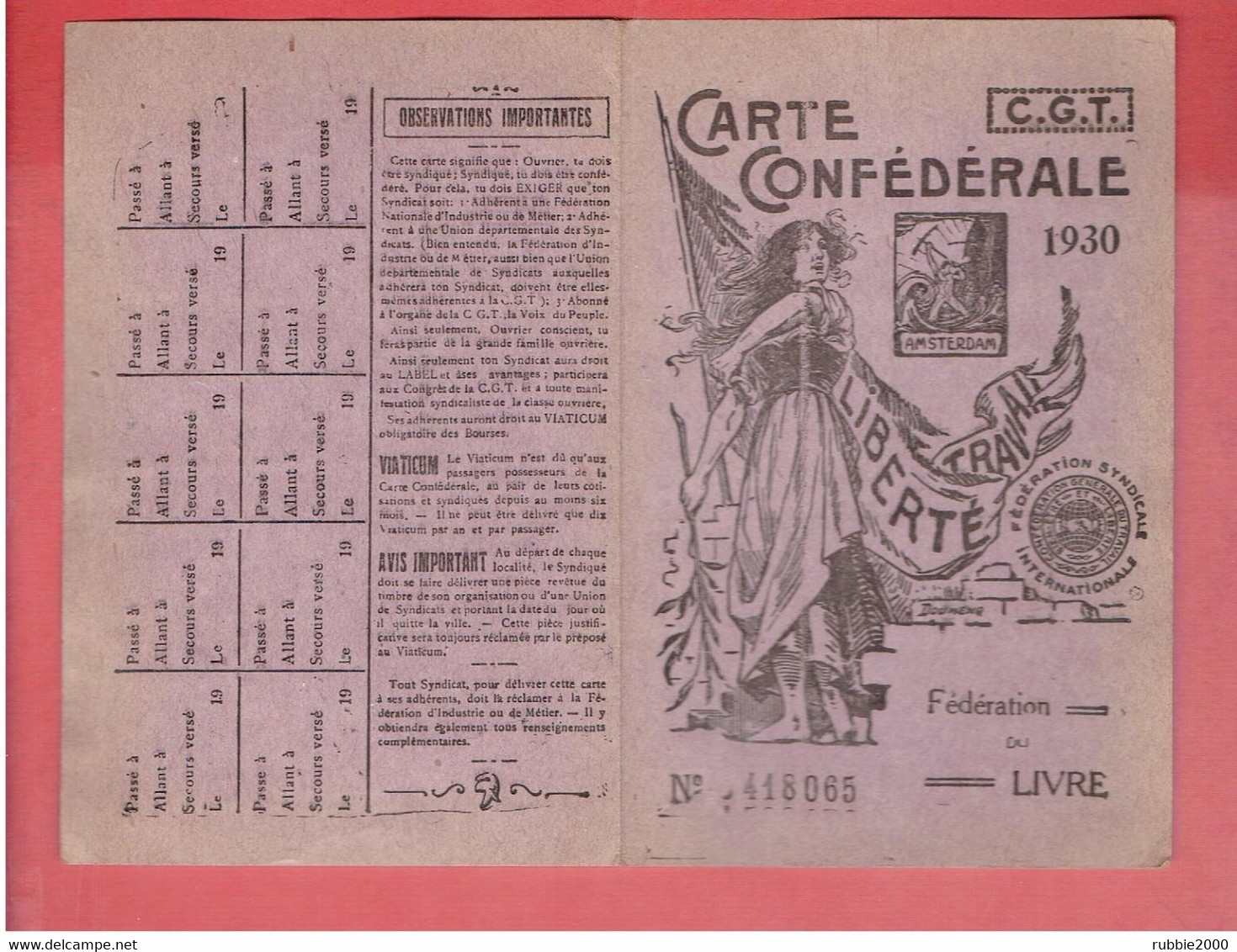 CARTE CONFEDERALE CGT 1930 CONFEDERATION GENERALE DU TRAVAIL FEDERATION DU LIVRE POUR ANDRE COQUAN A CHARTRES - Otros & Sin Clasificación