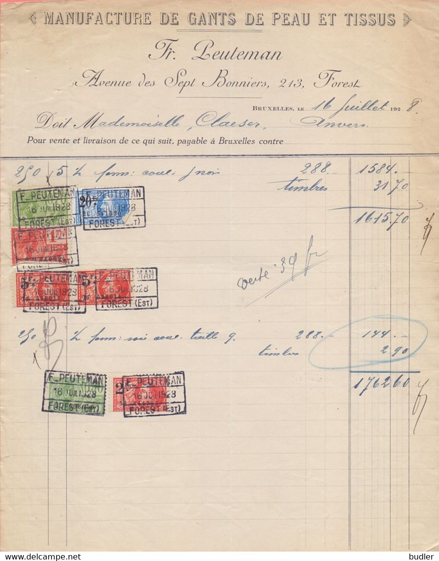 1928: Facture De ## Fr. PEUTEMAN, Avenue Des Sept Bonniers, 213, FOREST ## à ## Mad. CLAESER, ANVERS ## - Vestiario & Tessile