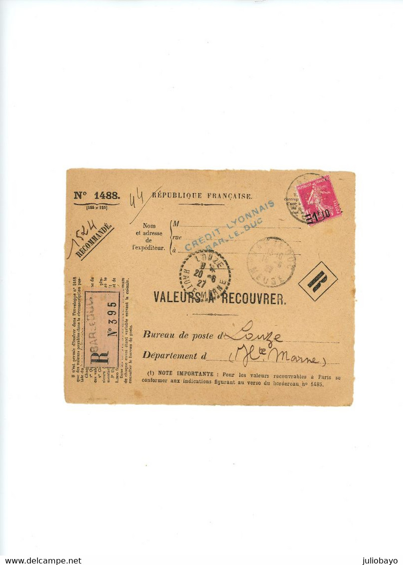 20 Juin 1927 Perfin CL Devant Valeur à Recouvrer YT N°228 De Troyes Pour Louze - 1921-1960: Moderne