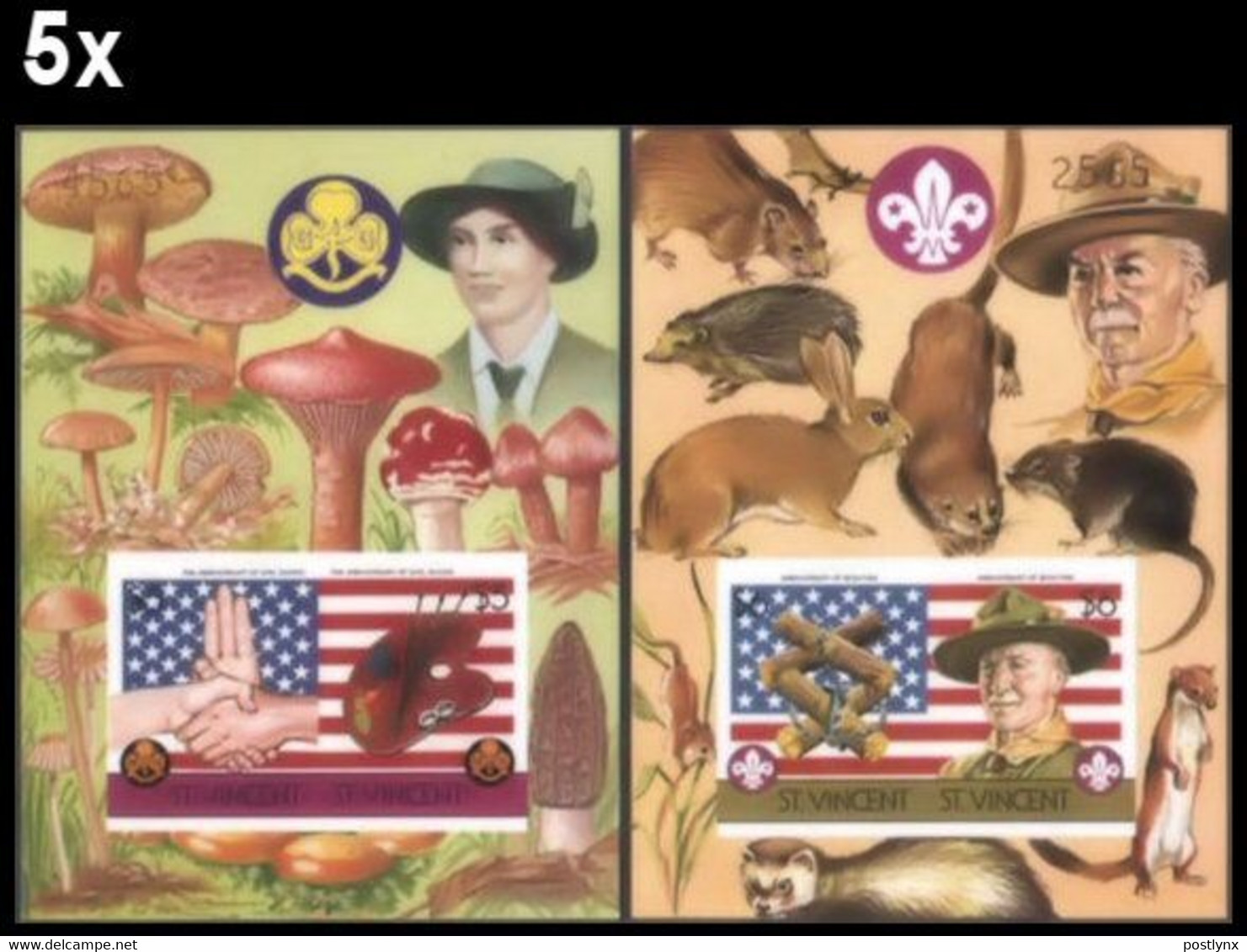 BULK:5 X ST.VINCENT 1986 Scouting Decorative Border IMPERF. Sheetlets:2 Number Powell Flag Rat Mushrooms Rabbit - St.Vincent (1979-...)