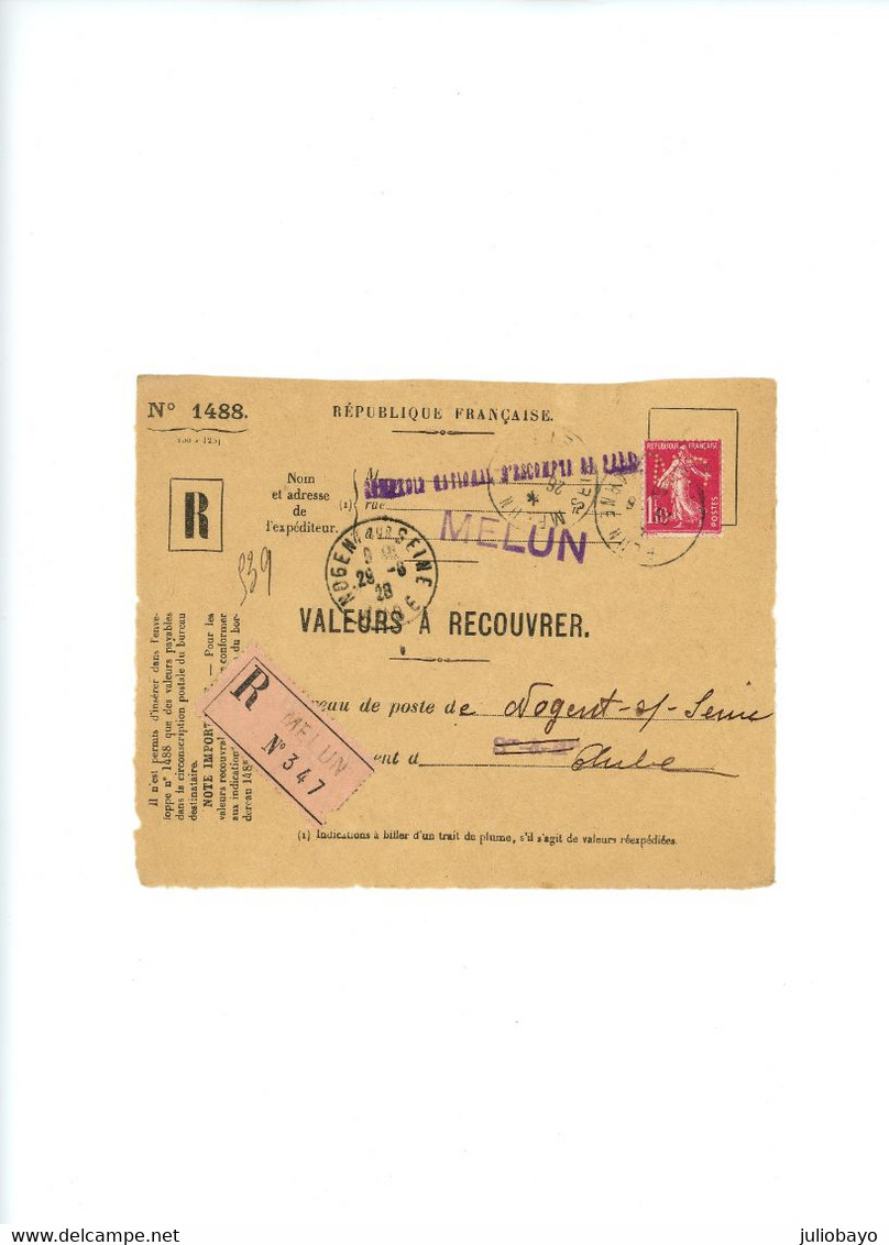 29 Juin 1928 Perfin CN Devant Valeur à Recouvrer YT N°238 De Melun Pour Nogent Sur Seine - 1921-1960: Moderne