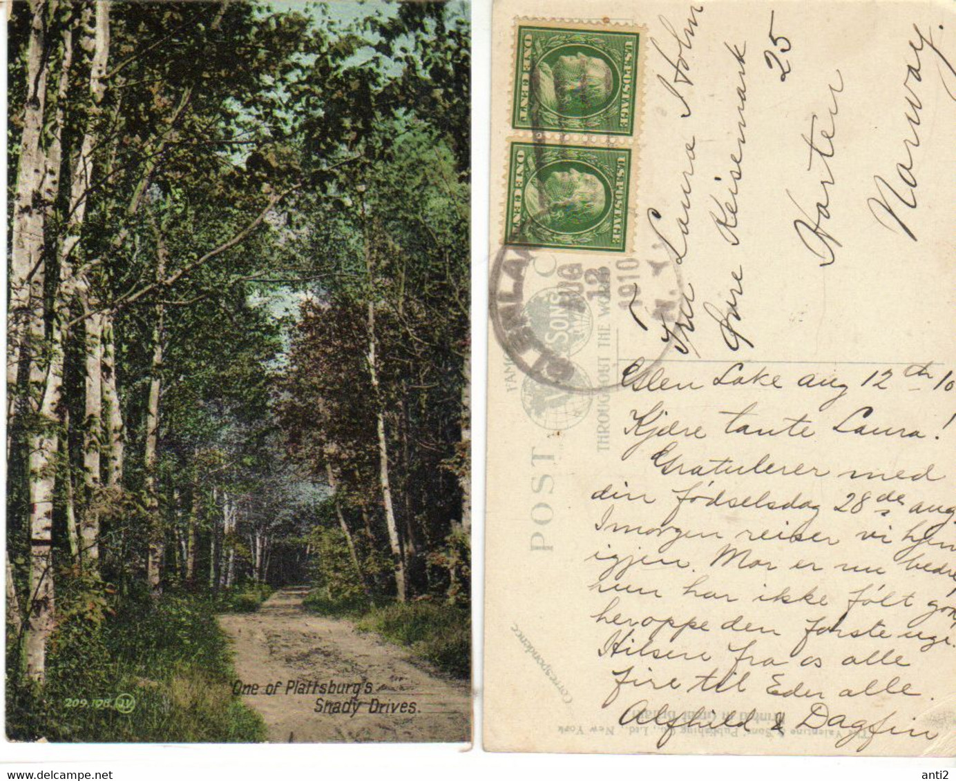 USA 1910 Postcard: One Of Plattsburg's Snady Drives  - Cancelled Glenlake Aug 12 1910  NY - Kansas City – Missouri