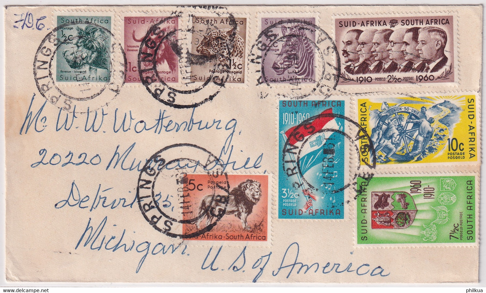 274-282 Auf Bedarfs FDC Gelaufen Von Springs To Murray Hill, Michigan, Zebra, Leopard, Löwe, Warzenschwein, Gnu - Storia Postale