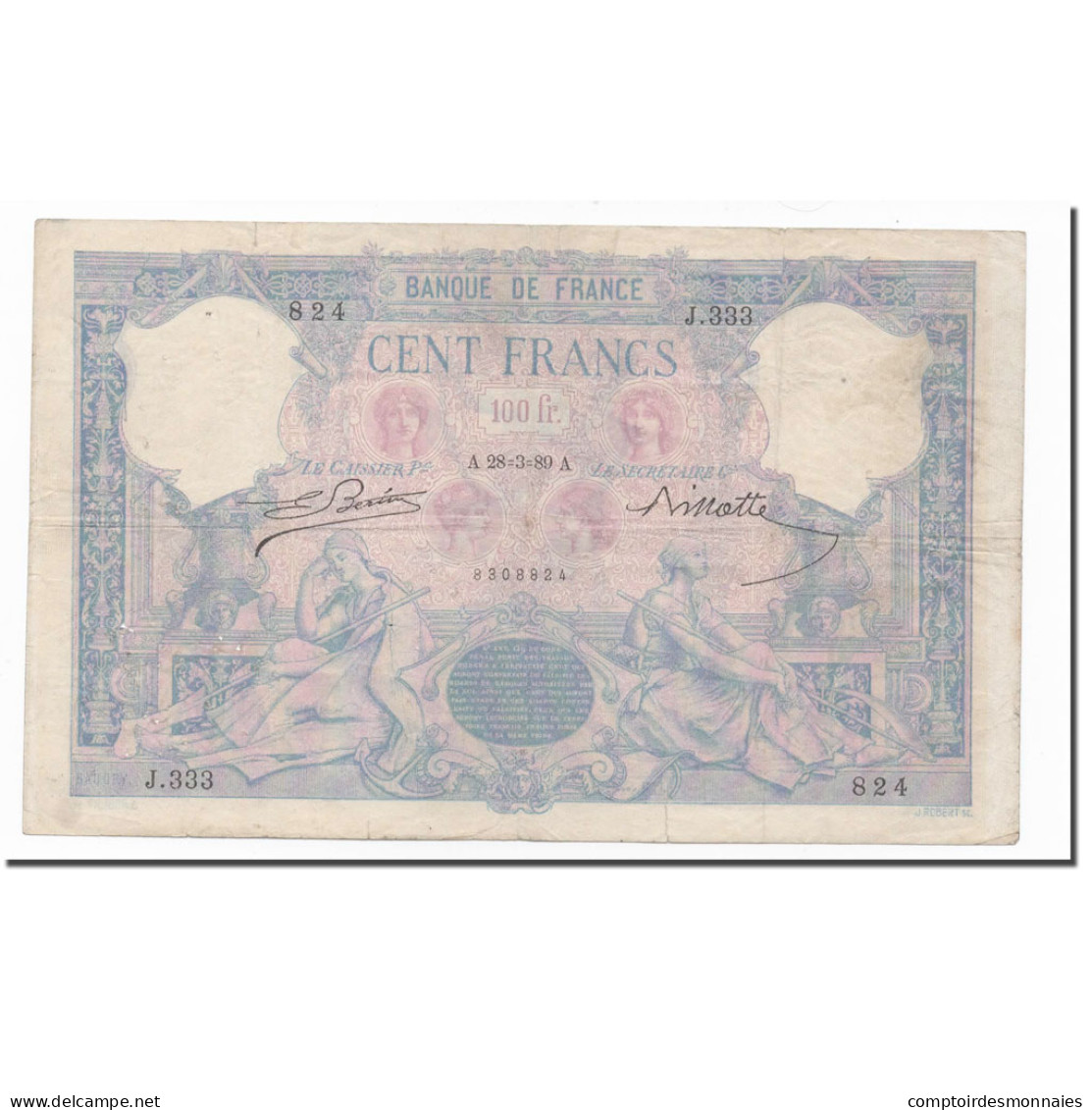 France, 100 Francs, Bleu Et Rose, 1889, 28.03.1889, TB+, Fayette:21.2, KM:65a - 100 F 1888-1909 ''Bleu Et Rose''