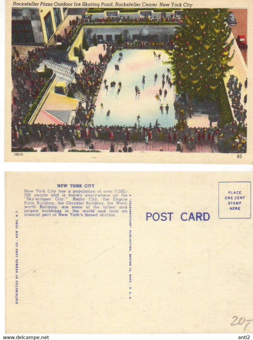 USA Postcard - New York City -  Rockefeller Plaza Outdoor Ice Skating Pond.Rockefeller Center - Unused - Stadiums & Sporting Infrastructures