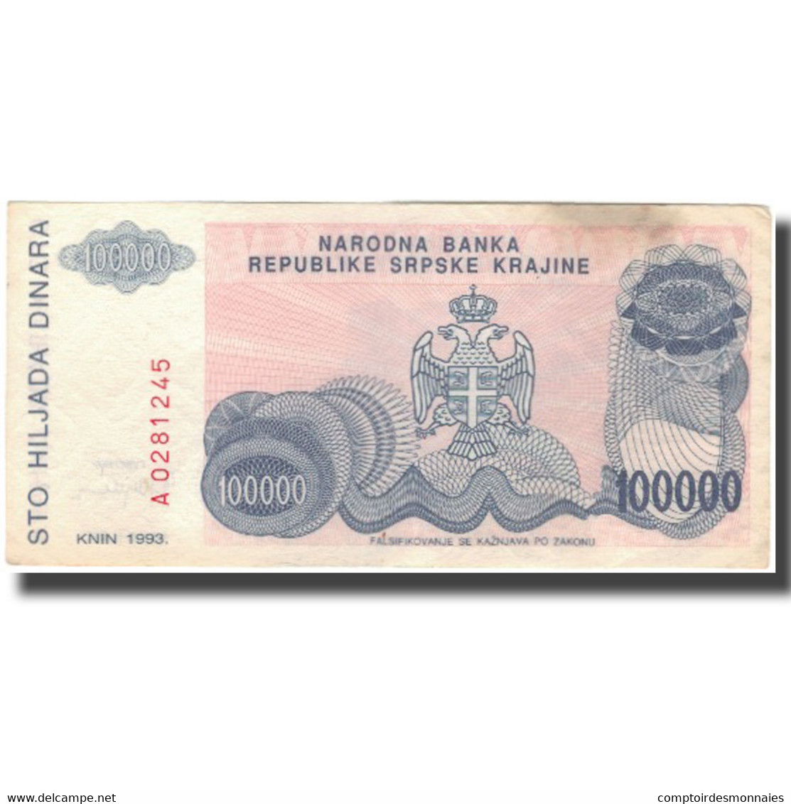 Billet, Croatie, 100,000 Dinara, 1993, KM:R22a, TB+ - Croatia