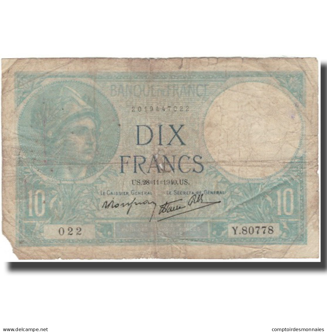 France, 10 Francs, Minerve, 1940, 1940-11-28, B, Fayette:7.22, KM:84 - 10 F 1916-1942 ''Minerve''