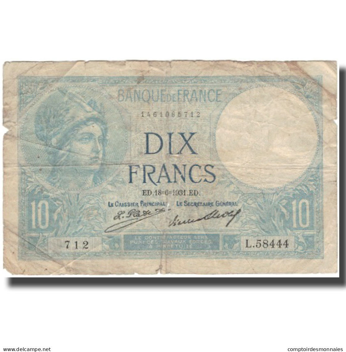 France, 10 Francs, Minerve, 1931, 1931-06-18, B+, Fayette:6.15, KM:73d - 10 F 1916-1942 ''Minerve''