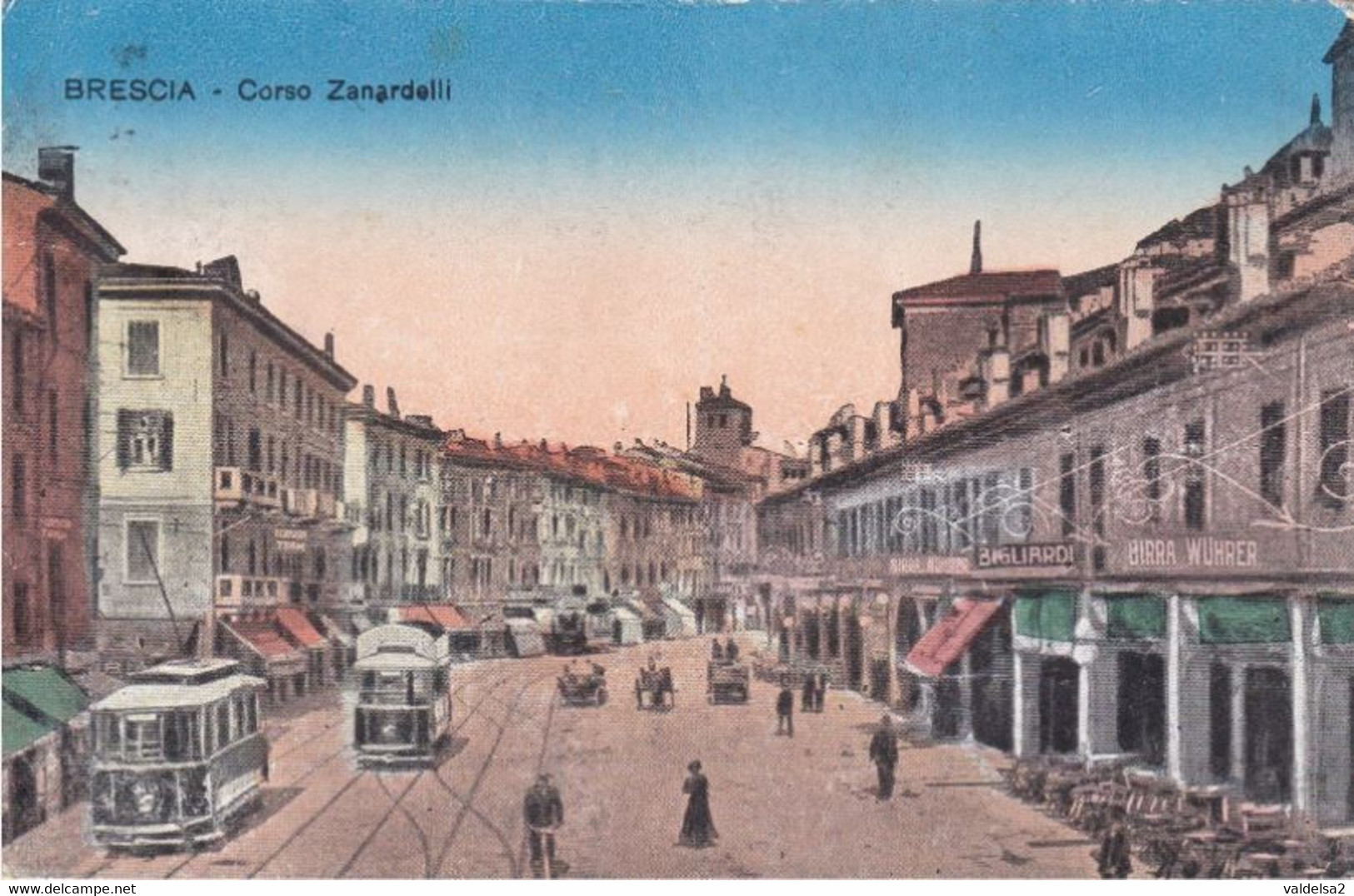 BRESCIA - CORSO ZANARDELLI - FILOBUS / TRAM - SALA BILIARDI E INSEGNA PUBBLICITARIA BIRRA WUHRER - 1918 - Brescia