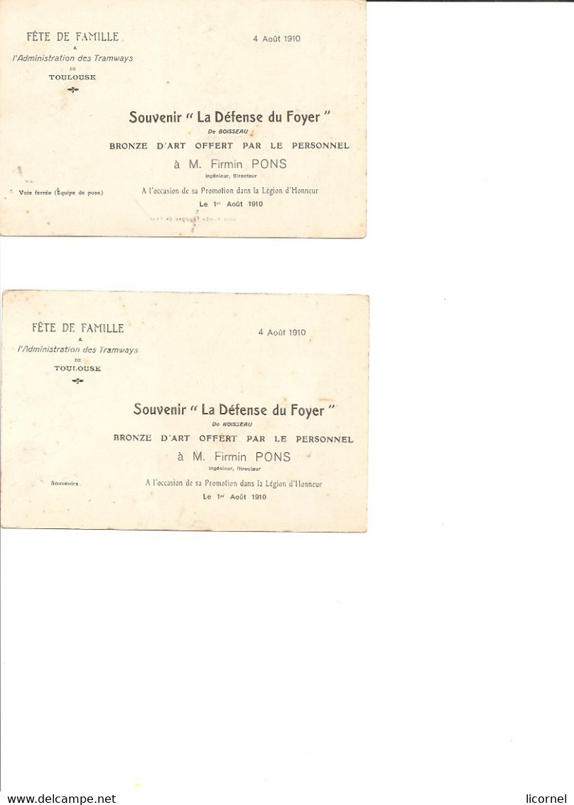 TOULOUSE FETE DE FAMILLE DE FIRMIN PONS A L ADMINISTRATION DES TRAMWAYS  EN 1910  LOT  DE 2 CAR TES - Toulouse