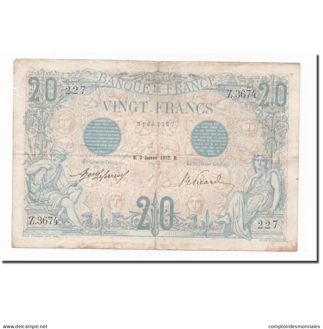 France, 20 Francs, Bleu, 1913, 1913-02-01, TB, Fayette:10.3, KM:68b - 20 F 1905-1913 ''Bleu''