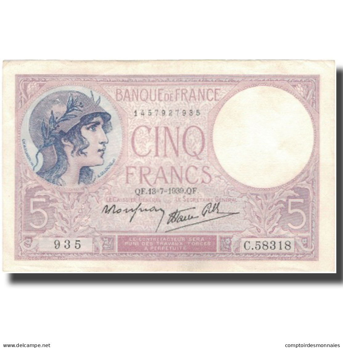 France, 5 Francs, Violet, 1939, 1939-07-13, SUP+, Fayette:4.1, KM:83 - 5 F 1917-1940 ''Violet''