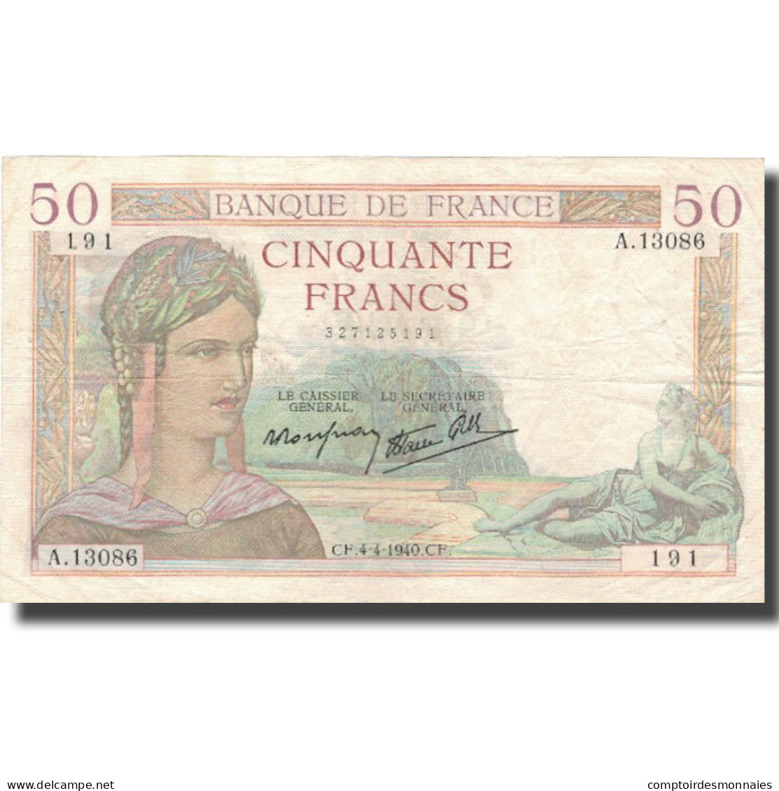 France, 50 Francs, Cérès, 1940, 1940-04-04, TTB, Fayette:18.42, KM:85b - 50 F 1934-1940 ''Cérès''