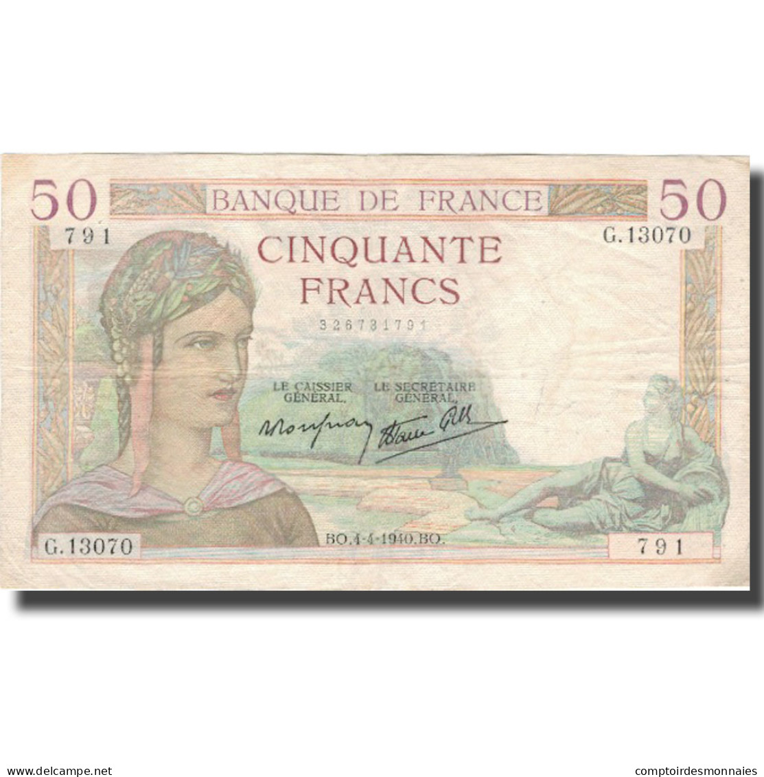 France, 50 Francs, Cérès, 1940, 1940-04-04, TTB, Fayette:18.42, KM:85b - 50 F 1934-1940 ''Cérès''