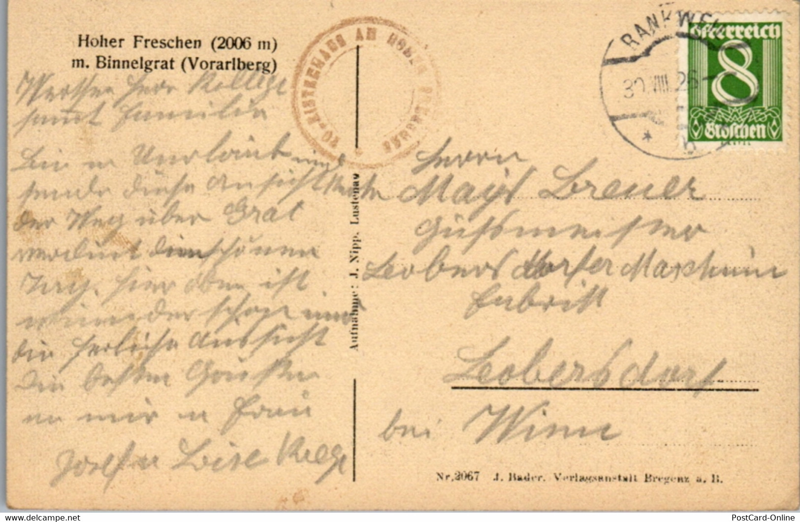 10028 - Vorarlberg - Hoher Freschen Mit Binnelgrat - Gelaufen 1926 - Dornbirn