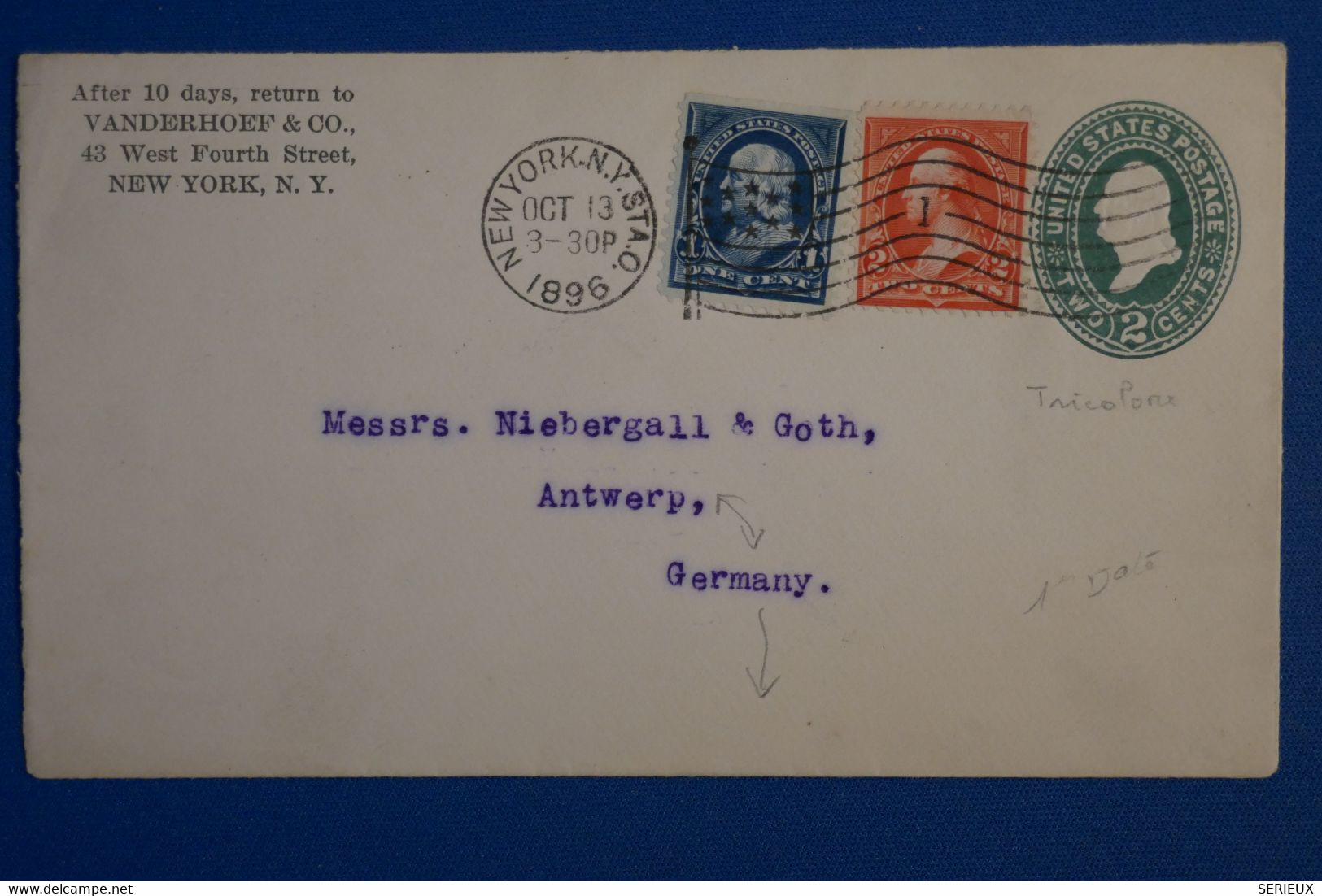 S3 ETATS UNIS BELLE LETTRE RARE ERREUR 1896 NEW YORK  POUR ANVERS BELGIQUE+ T.P TRICOLORE ET 1ERE DATE - Brieven En Documenten