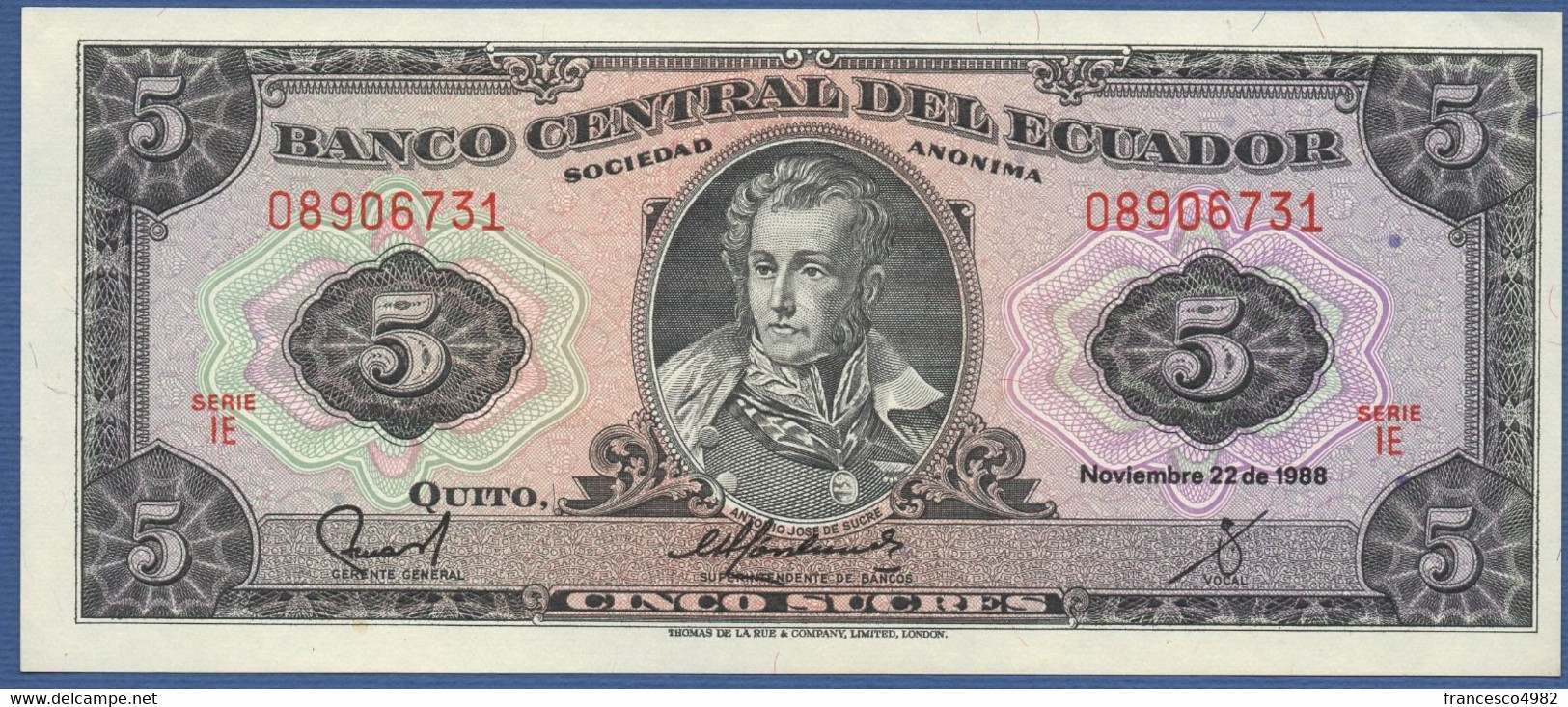 ECUADOR  - P.113d IE – 5 Sucres 22.11.1988 UNC Series IE - Ecuador