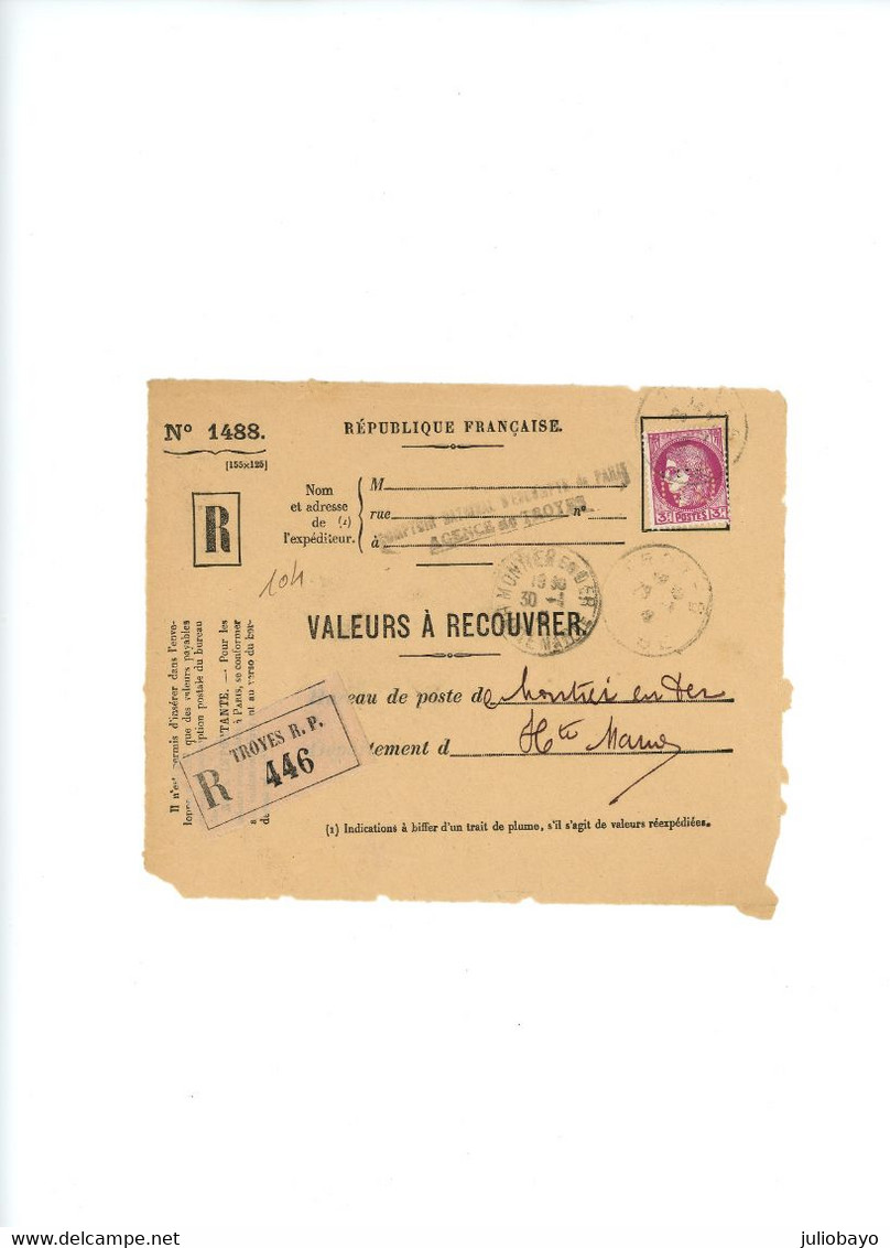 30 Janvier 1941 Perfin CN Céres N°376 YT Devant De Valeur à Recouvrer De Troyes Pour Montier En Der - 1921-1960: Moderne