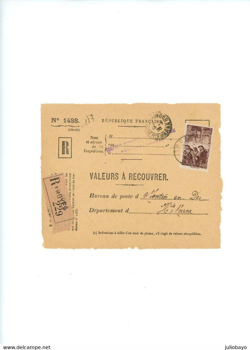 13 Juillet 1938 Perfin CN N°390 YT Sur Devant De Lettre Valeur à Recouvrer De Troyes Pour Montier En Der - 1921-1960: Modern Period